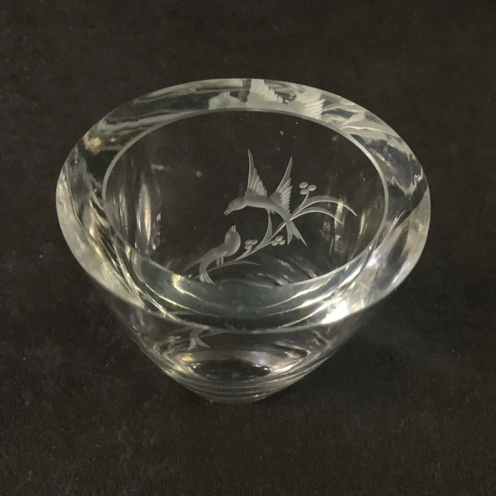Vintage Art Glass Vase Etched Birds on Branch Oval Heavy Clear 6.5in MCM
